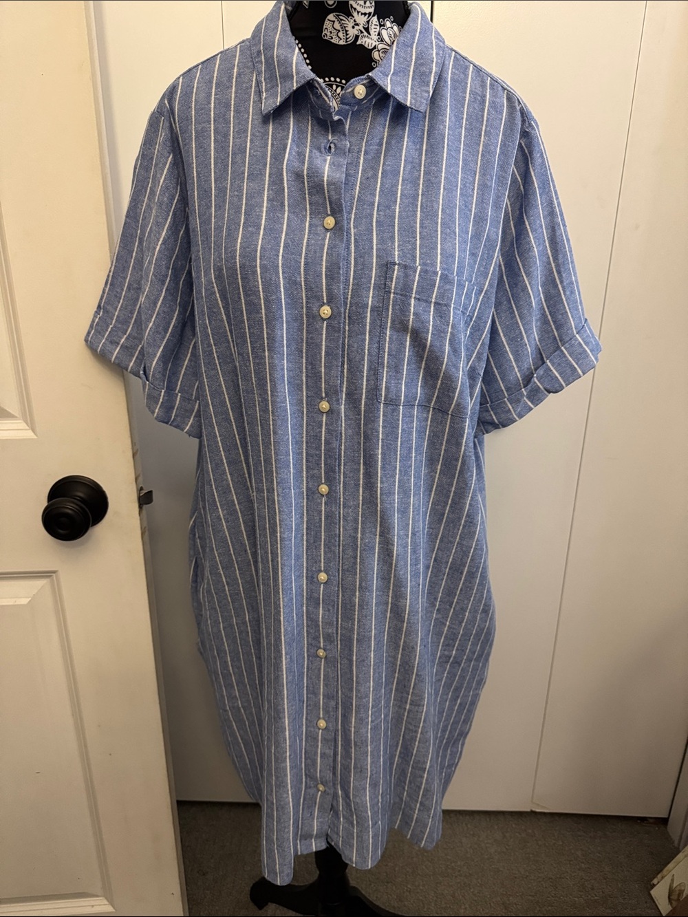 Old Navy Blue and White Striped Midi Shirt Dress